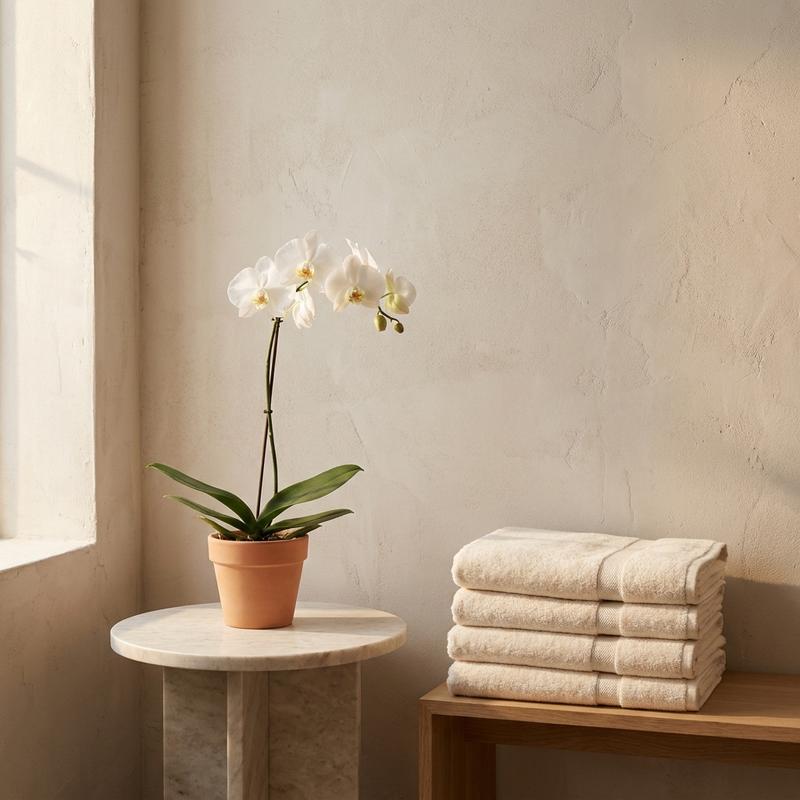 A quiet aesthetics studio corner with pale plaster, an orchid and folded towels in afternoon light