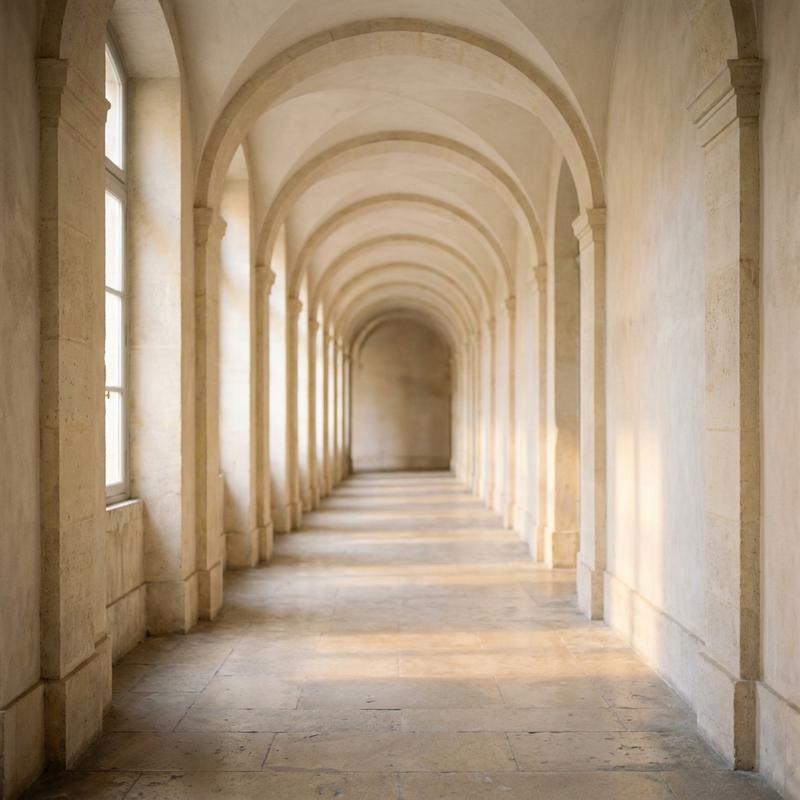 A hospital corridor colonnade receding in one-point perspective, empty of people