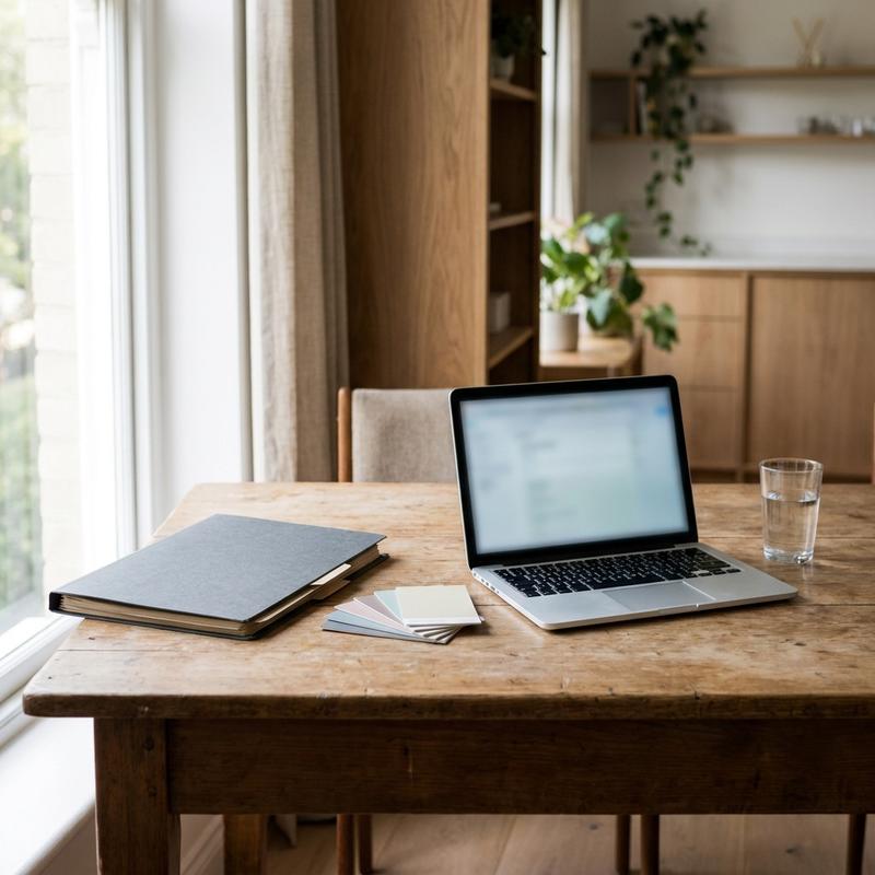 An operations and readiness audit table in morning light, closed brief folder and a laptop with a blurred screen