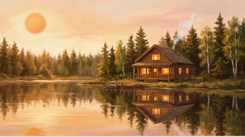 AI render: a painterly lakeside cabin at golden hour